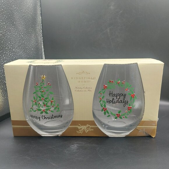 NIB Ridgefield Home 2 Stemless Wine Glasses Jeweled Christmas Tree Holiday - Picture 1 of 7